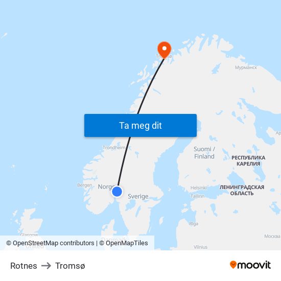 Rotnes to Tromsø map