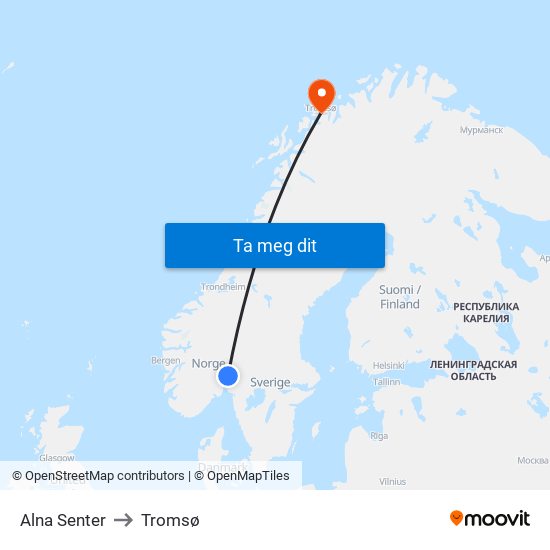 Alna Senter to Tromsø map