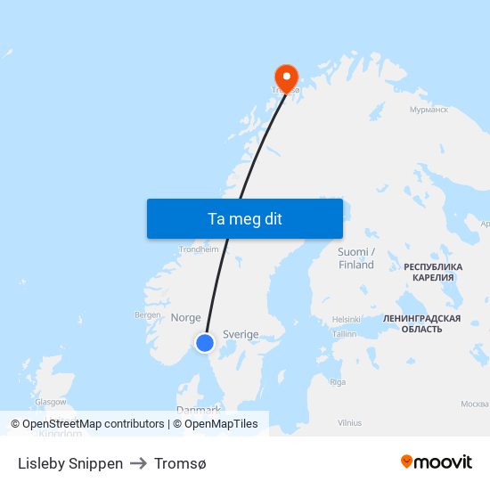 Lisleby Snippen to Tromsø map