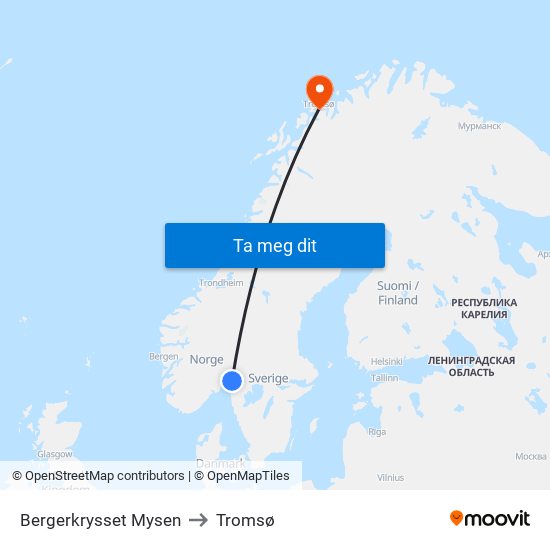 Bergerkrysset Mysen to Tromsø map