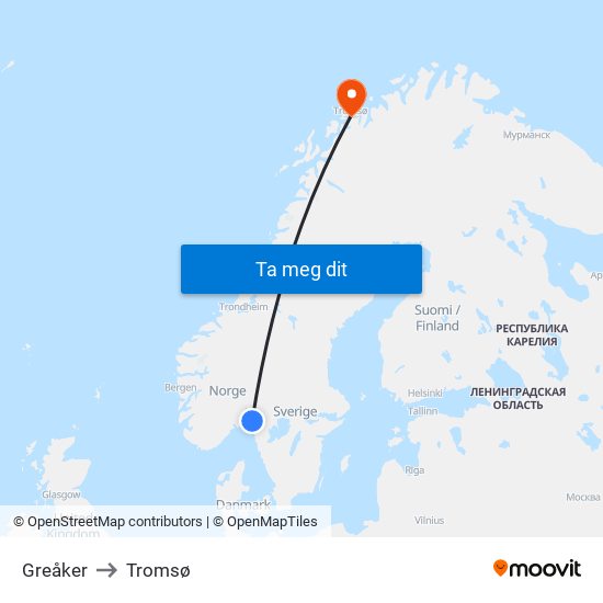 Greåker to Tromsø map