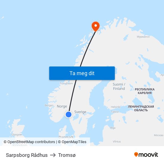 Sarpsborg Rådhus to Tromsø map