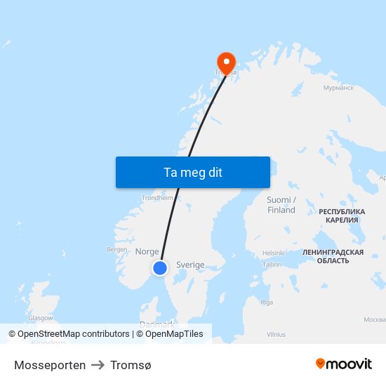 Mosseporten to Tromsø map