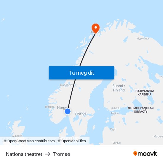 Nationaltheatret to Tromsø map
