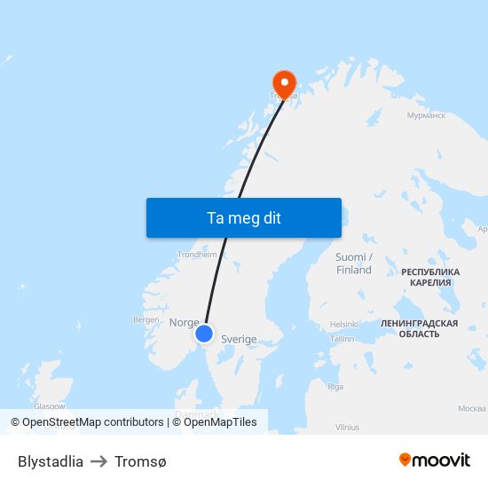 Blystadlia to Tromsø map