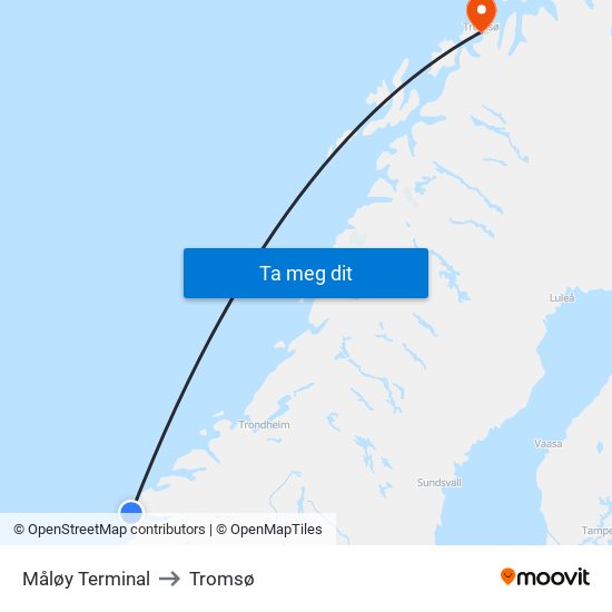 Måløy Terminal to Tromsø map
