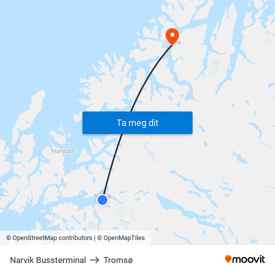 Narvik Bussterminal to Tromsø map