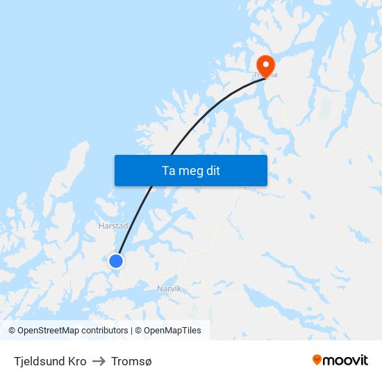 Tjeldsund Kro to Tromsø map