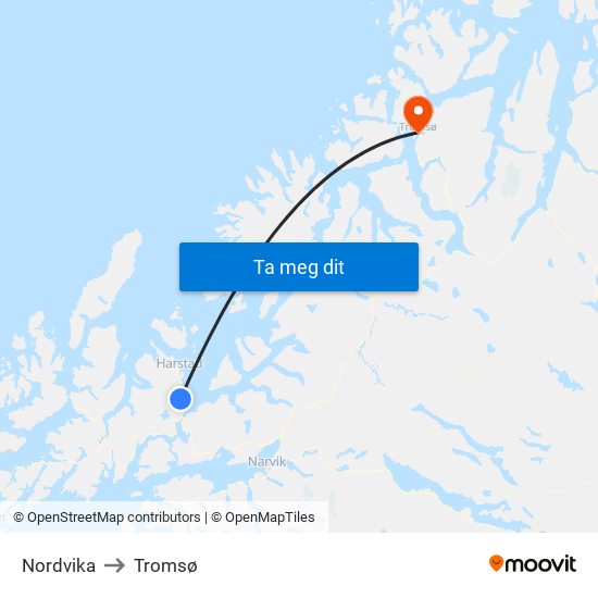 Nordvika to Tromsø map