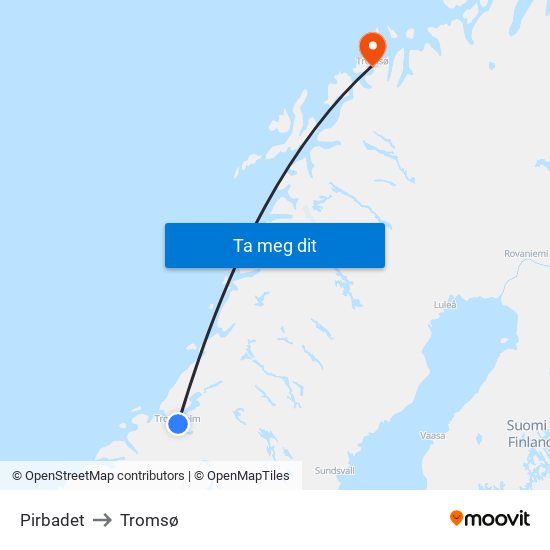 Pirbadet to Tromsø map