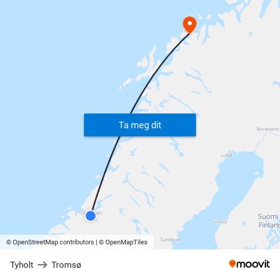 Tyholt to Tromsø map