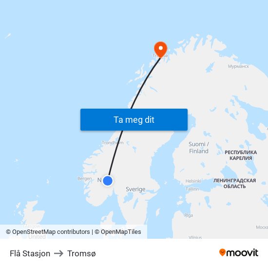 Flå Stasjon to Tromsø map