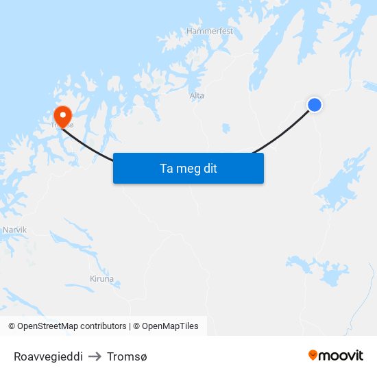 Roavvegieddi to Tromsø map