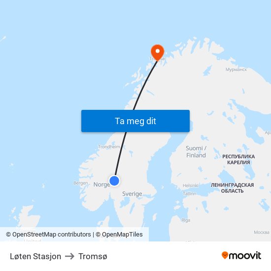 Løten Stasjon to Tromsø map