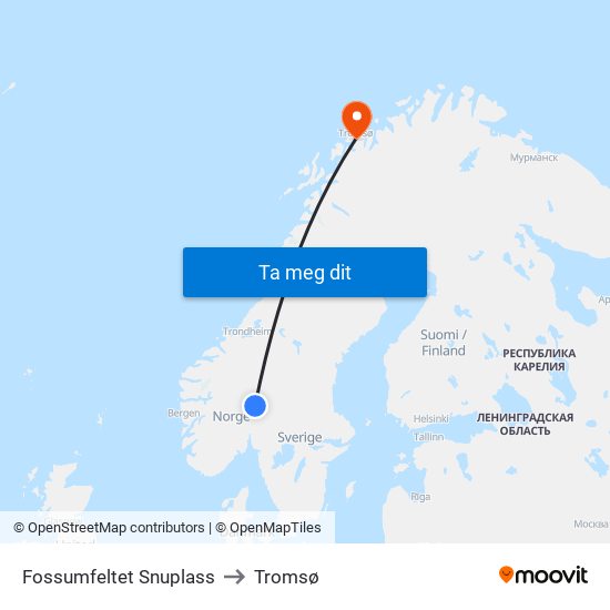 Fossumfeltet Snuplass to Tromsø map