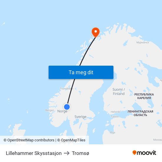 Lillehammer Skysstasjon to Tromsø map
