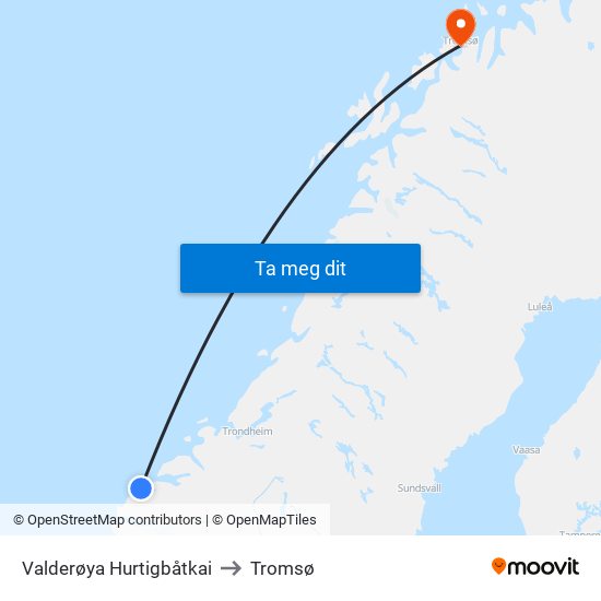 Valderøya Hurtigbåtkai to Tromsø map