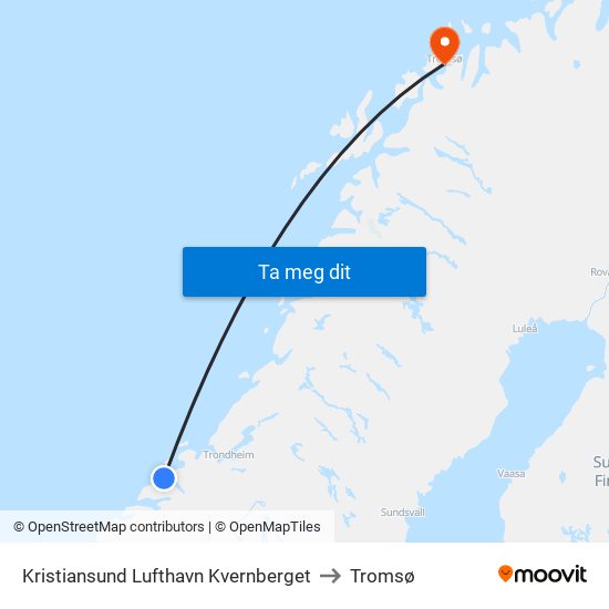 Kristiansund Lufthavn Kvernberget to Tromsø map