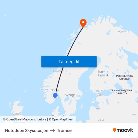 Notodden Skysstasjon to Tromsø map