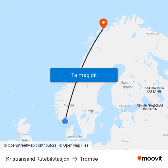 Kristiansand Rutebilstasjon to Tromsø map