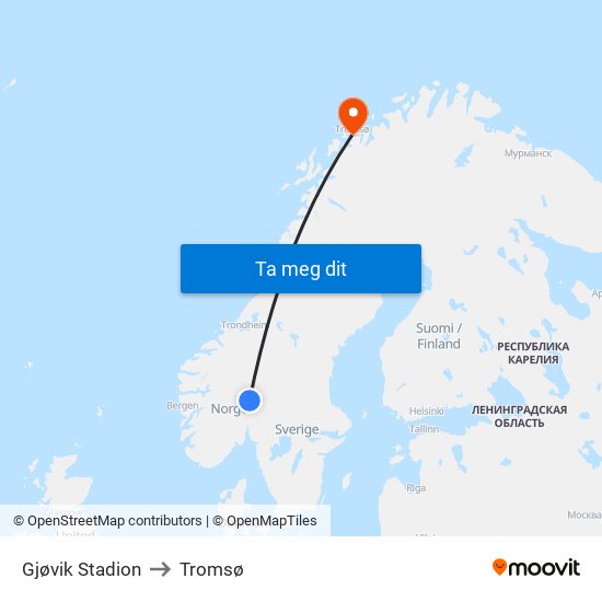 Gjøvik Stadion to Tromsø map
