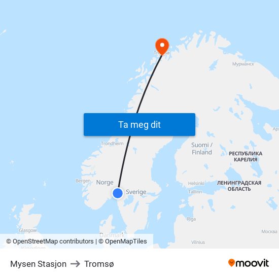 Mysen Stasjon to Tromsø map