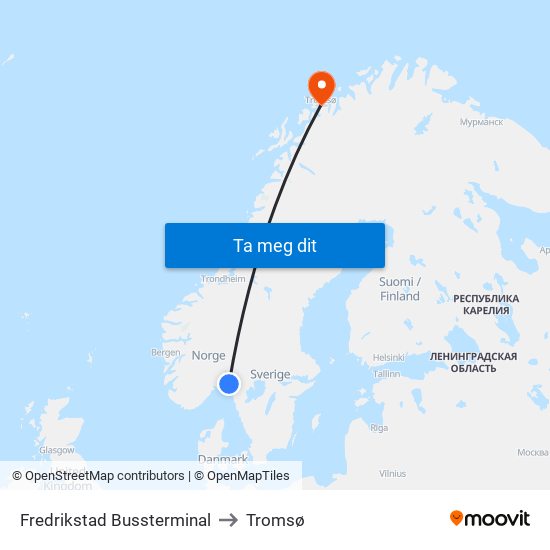 Fredrikstad Bussterminal to Tromsø map