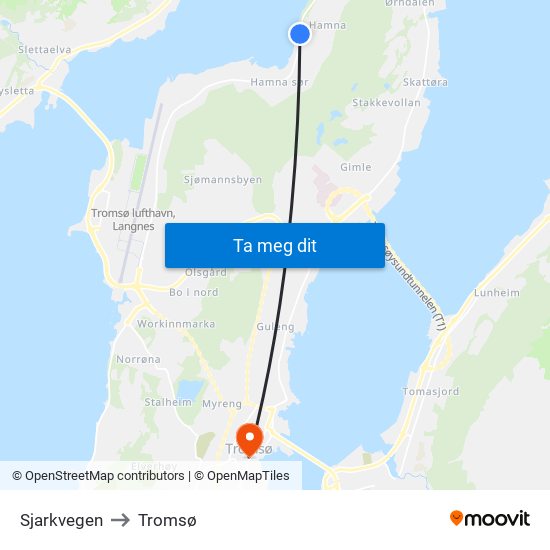 Sjarkvegen to Tromsø map