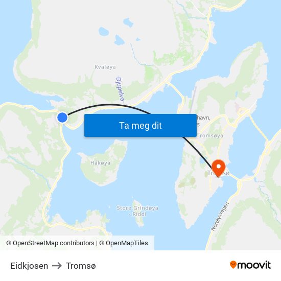Eidkjosen to Tromsø map