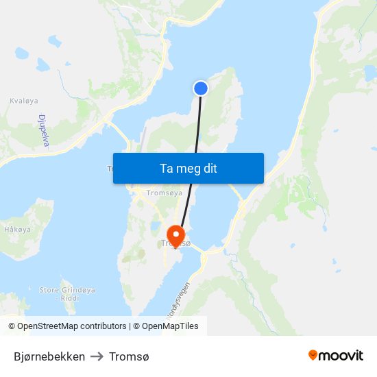 Bjørnebekken to Tromsø map