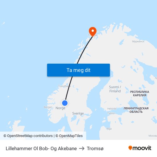 Lillehammer Ol Bob- Og Akebane to Tromsø map
