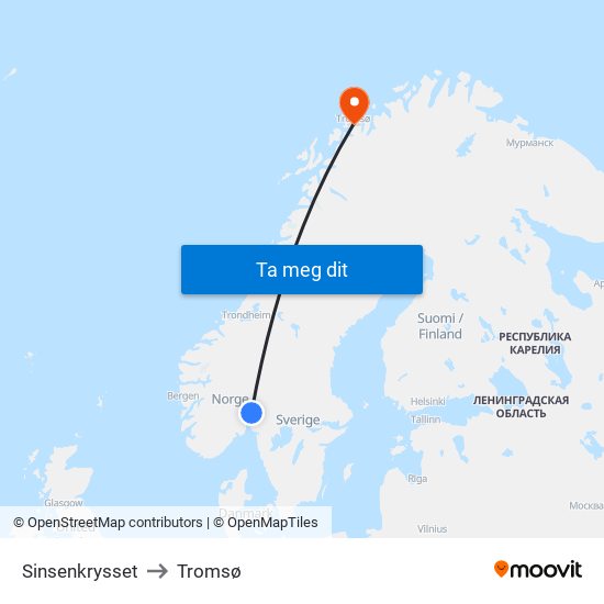 Sinsenkrysset to Tromsø map