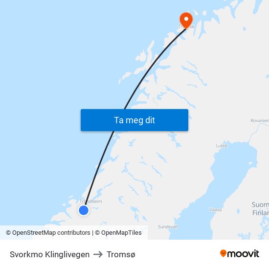 Svorkmo Klinglivegen to Tromsø map