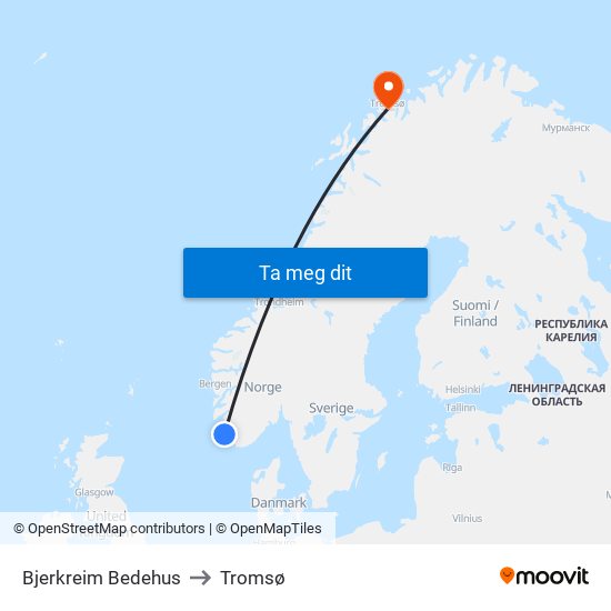 Bjerkreim Bedehus to Tromsø map