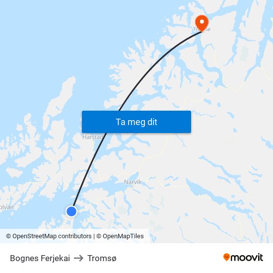 Bognes Ferjekai to Tromsø map