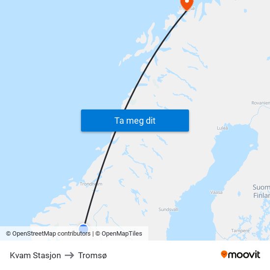 Kvam Stasjon to Tromsø map