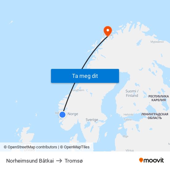 Norheimsund Båtkai to Tromsø map