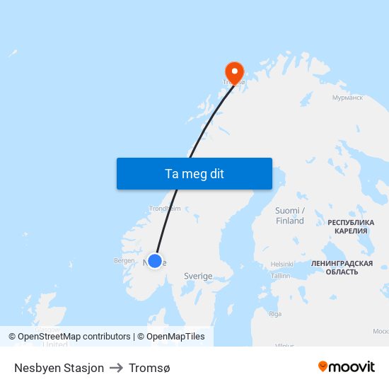 Nesbyen Stasjon to Tromsø map