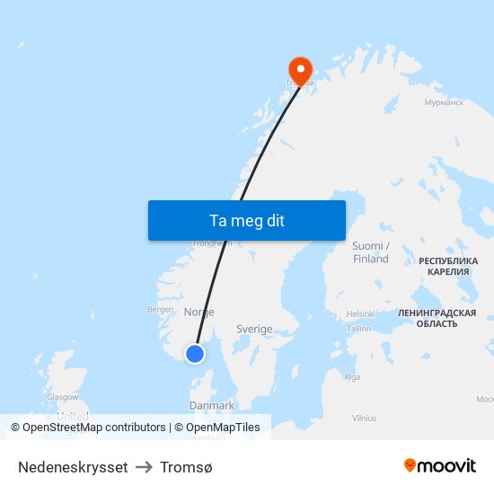 Nedeneskrysset to Tromsø map