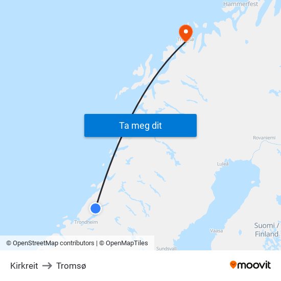 Kirkreit to Tromsø map