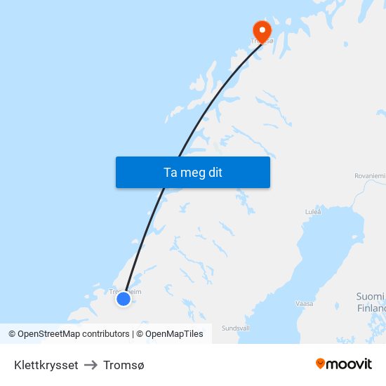 Klettkrysset to Tromsø map