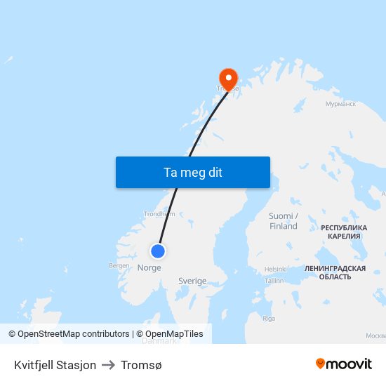 Kvitfjell Stasjon to Tromsø map