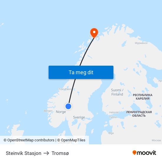 Steinvik Stasjon to Tromsø map