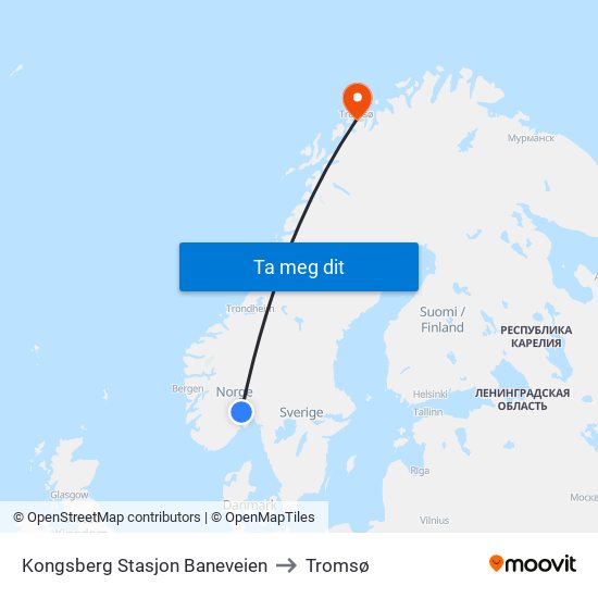 Kongsberg Stasjon Baneveien to Tromsø map
