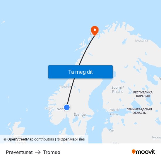 Prøventunet to Tromsø map