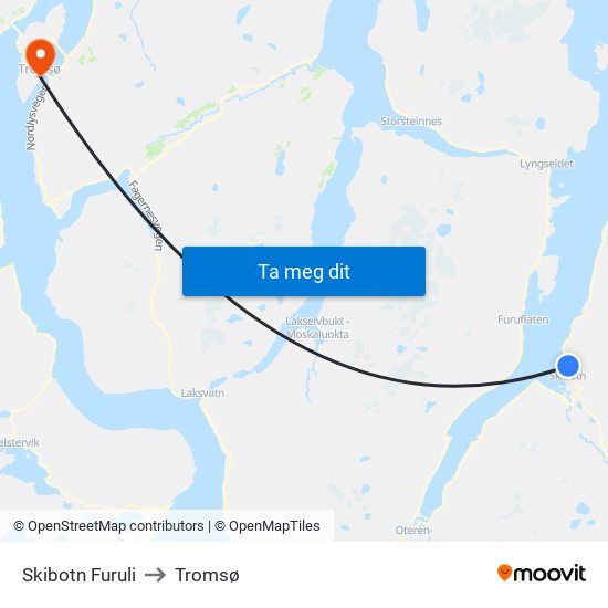 Skibotn Furuli to Tromsø map