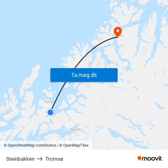Steinbakken to Tromsø map