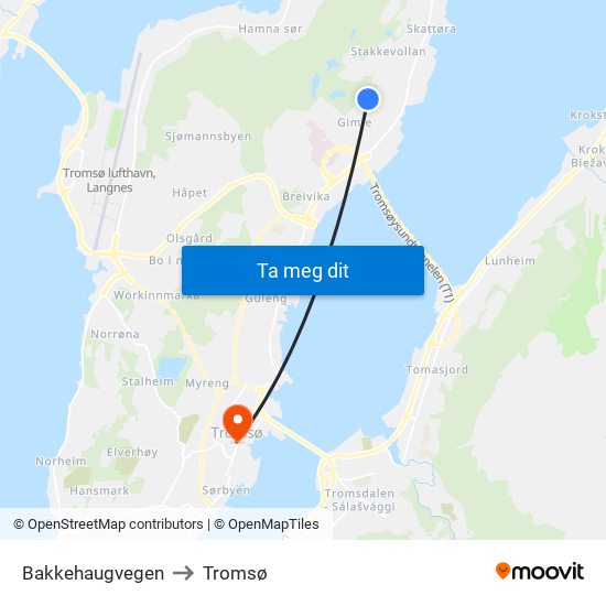 Bakkehaugvegen to Tromsø map