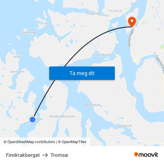 Finnkrakberget to Tromsø map
