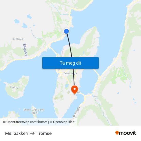 Møllbakken to Tromsø map